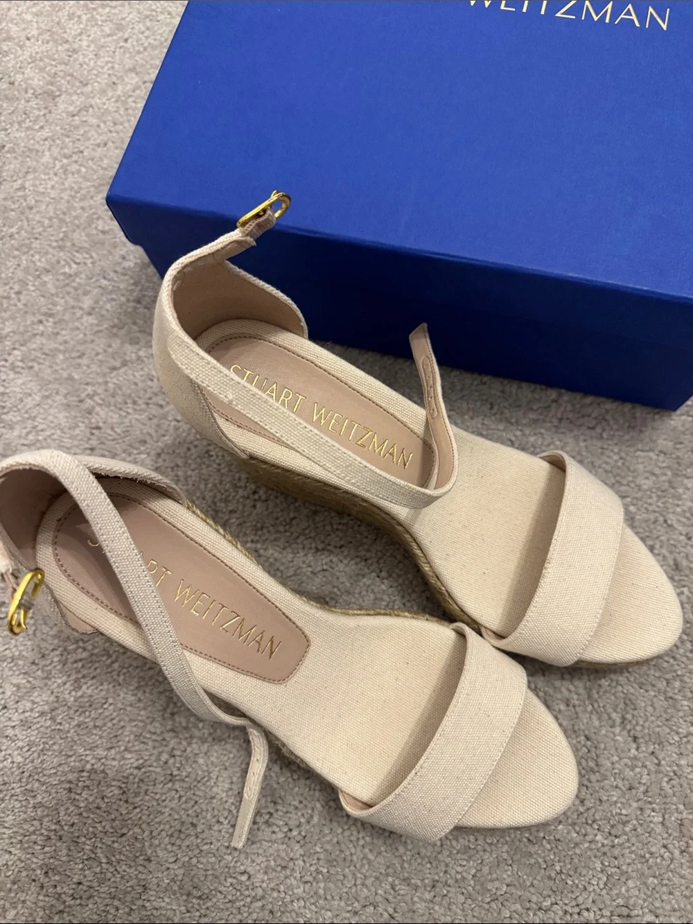 Stuart Weitzman Gala Lift Neutral Canvas Espadrille Wedge Sandals - Picture 3 of 6